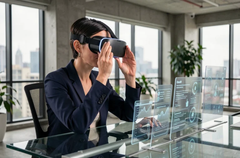 Femme professionnelle portant un casque de réalité augmentée dans un bureau high-tech moderne, illustrant les dernières tendances technologiques