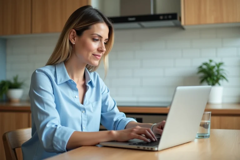 Femme cherchant des services de santé en ligne sur son ordinateur portable depuis sa cuisine
