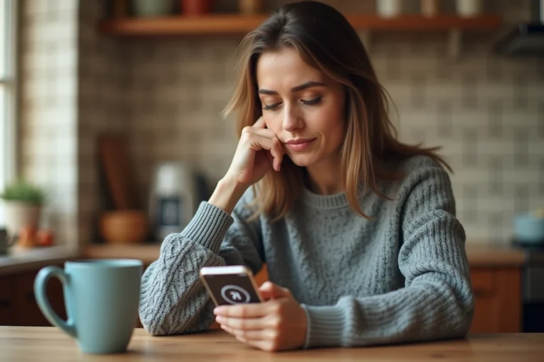Femme consultant son smartphone pour récupérer son compte Waze perdu depuis sa cuisine