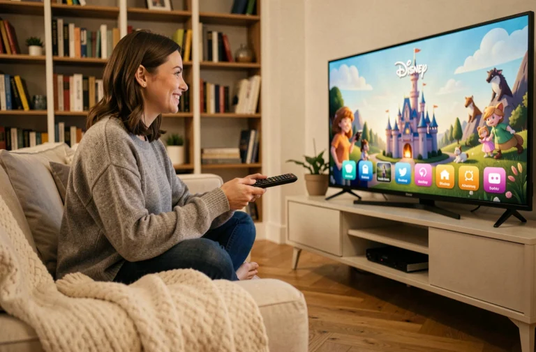 Femme souriante regardant Disney Plus sur sa télévision dans un salon moderne et cosy