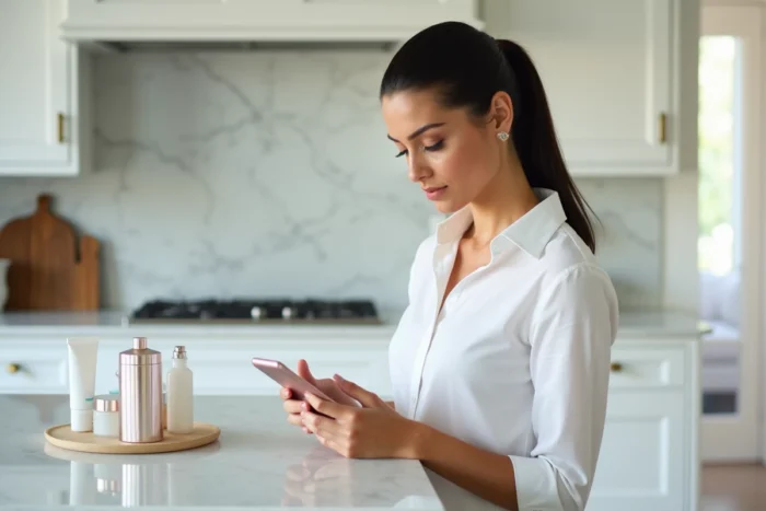Femme consultant le plan du site d'un blog beauté sur son smartphone dans une cuisine moderne et élégante