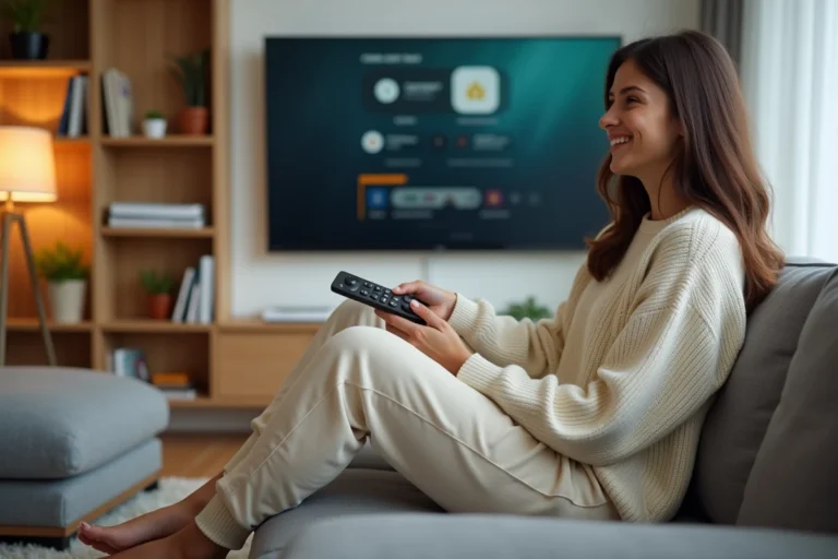 Jeune femme regardant un service de streaming sur sa télévision depuis son canapé