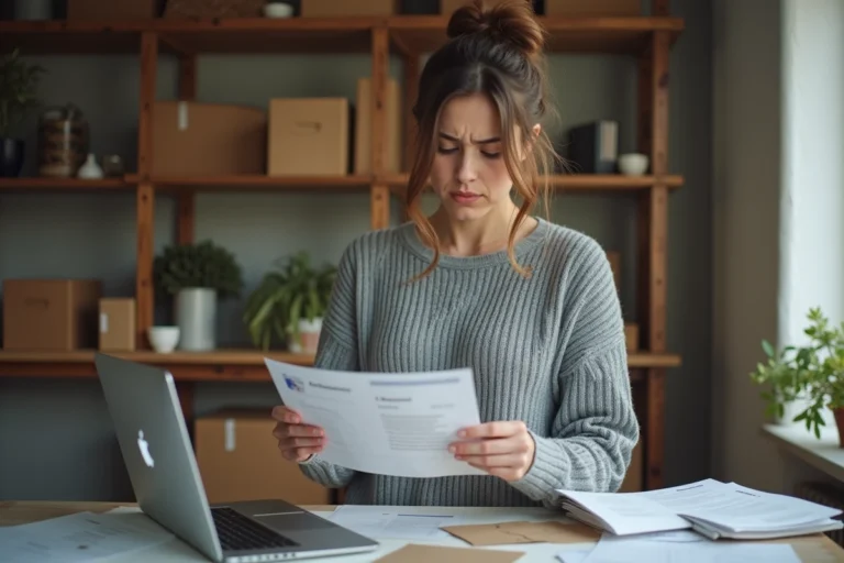 Femme consultant un avis de passage et un suivi de colis sur ordinateur portable pour localiser un colis perdu au hub Harnes