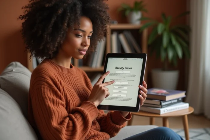 Femme utilisant une tablette pour explorer le plan de navigation d'un blog beauté depuis son salon
