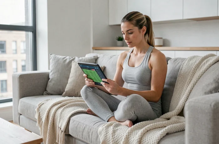 Femme consultant un site de sports en ligne sur une tablette dans son salon