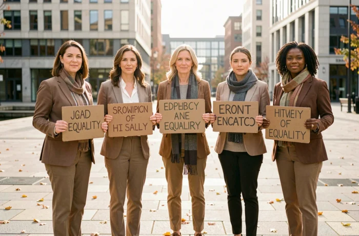 Groupe de femmes diverses tenant des pancartes pour l'égalité des droits lors d'un rassemblement urbain