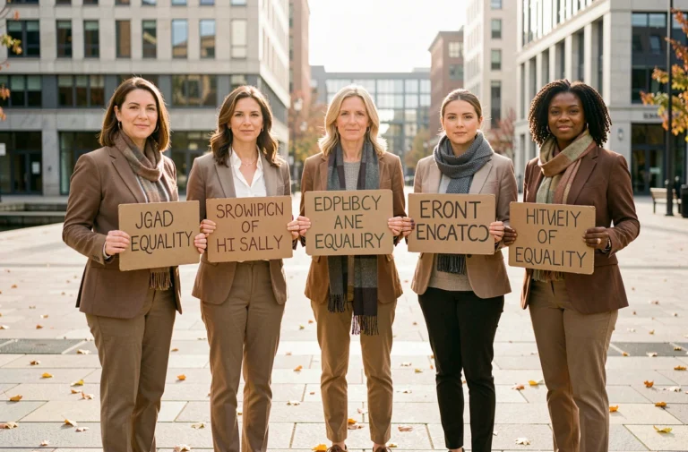 Groupe de femmes diverses tenant des pancartes pour l'égalité des droits lors d'un rassemblement urbain