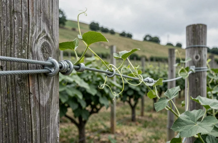 Fils de fer galvanisés tendus entre des poteaux en bois pour supporter des plants de kiwi
