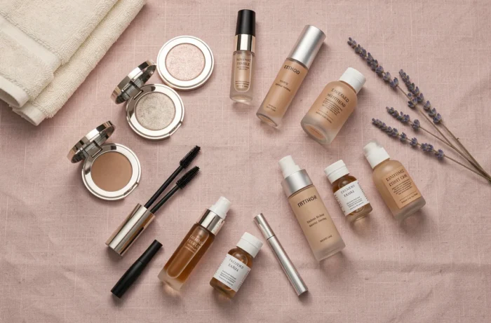 Flat lay de produits de beauté et cosmétiques arrangés sur tissu lin rose pâle pour editorial beauté