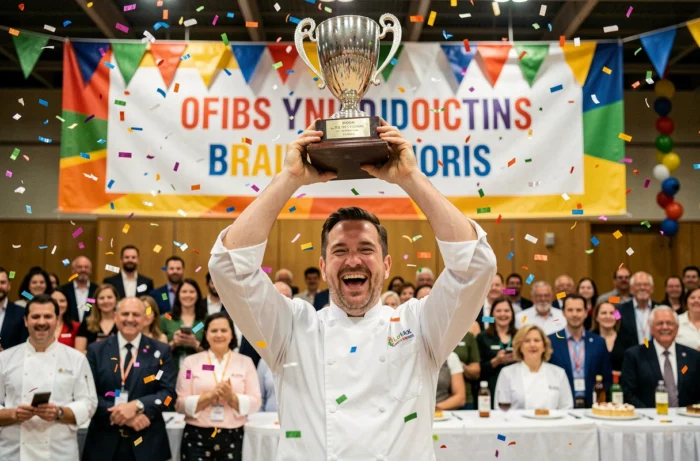 Gagnant du meilleur pâtissier saison 13 levant son trophée lors de la cérémonie de remise des prix avec des confettis en arrière-plan