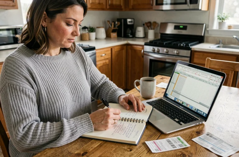 Femme gérant son budget personnel avec un carnet et un ordinateur portable dans une cuisine moderne