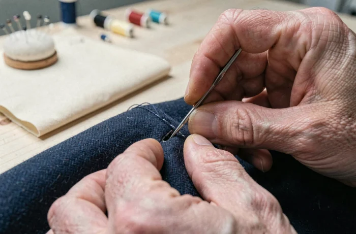 Gros plan de mains masculines cousant une boutonnière sans couper les fils sur un blazer bleu marine