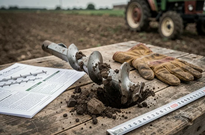 Gros plan sur une mèche de tarière professionnelle couverte de terre après utilisation sur le sol