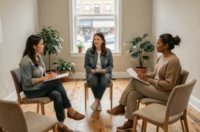 Groupe de trois adultes participant à une session de discussion en cercle dans un espace communautaire, illustrant le dialogue collectif comme levier de santé et de bien-être