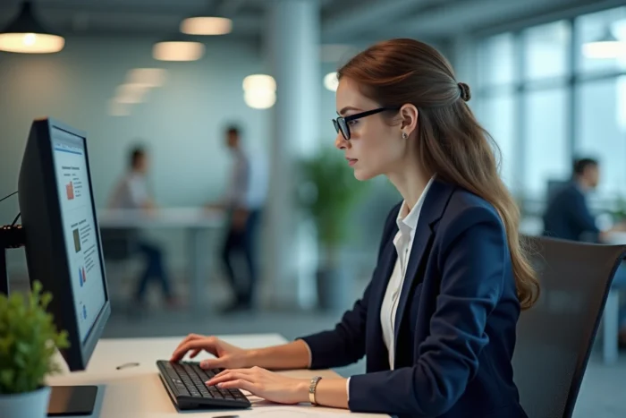 Professionnelle en bureau ouvert consultant un guide de récupération de compte MyPeopleDoc sur ordinateur