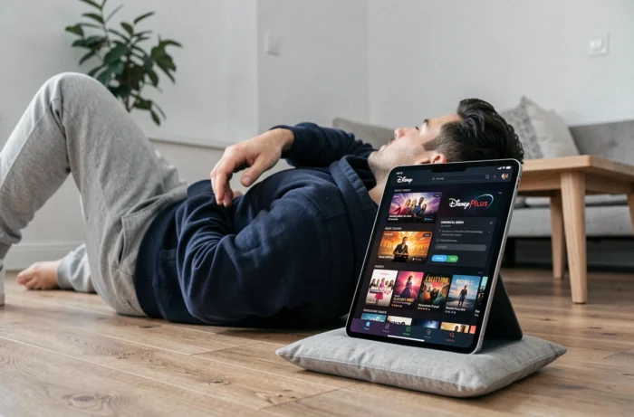 Jeune homme consultant les offres d'abonnement Disney Plus sur une tablette dans un appartement minimaliste