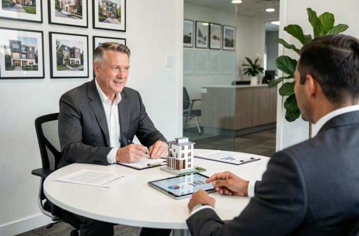 Homme d'affaires discutant d'une stratégie d'investissement immobilier avec un conseiller financier dans une agence moderne