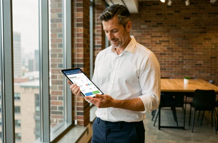 Homme d'affaires consultant des métriques de présence en ligne sur une tablette dans un coworking