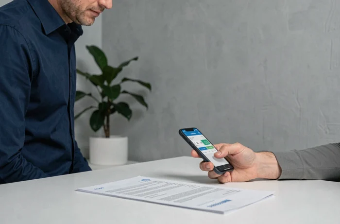 Homme consultant une application de finances personnelles et des relevés bancaires dans un bureau à domicile
