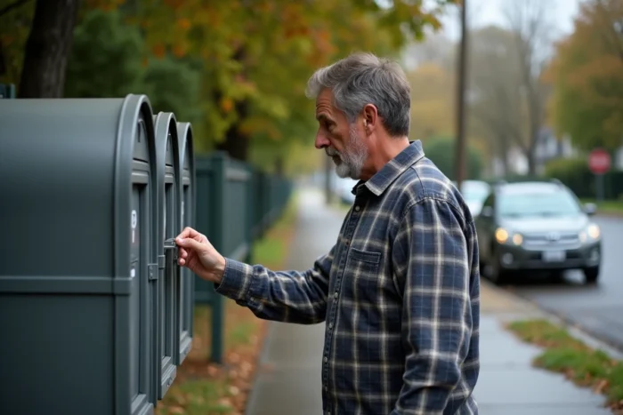 Homme vérifiant une boîte aux lettres collective vide à l'extérieur d'une résidence, cherchant son magazine Télé Z non reçu