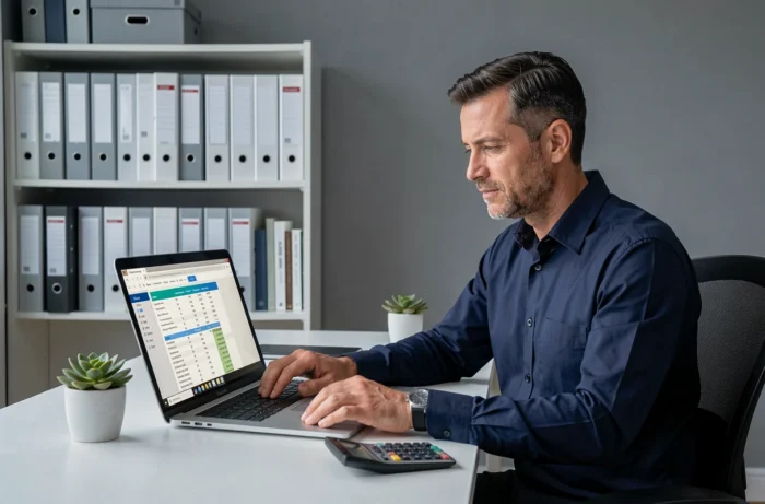 Homme consultant un budget personnel sur ordinateur portable dans un bureau à domicile moderne
