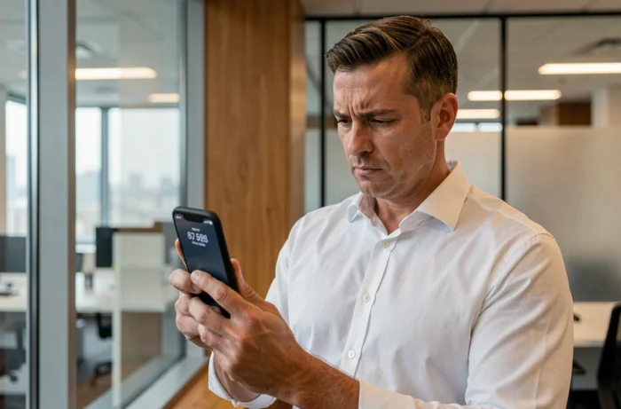 Homme en bureau tenant son téléphone avec une expression méfiante face à un appel entrant avec un indicatif international suspect