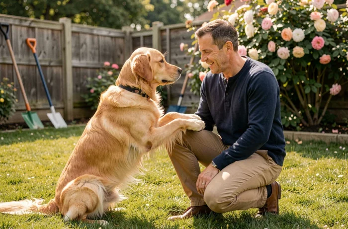 Homme agenouillé dans un jardin ensoleillé jouant avec un golden retriever en plein air