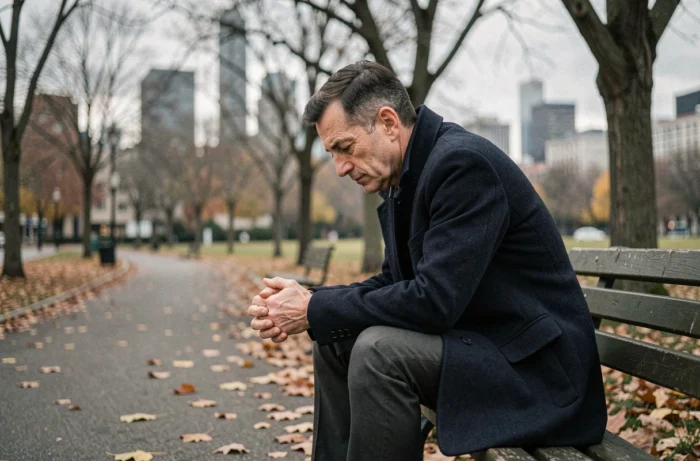 Homme assis seul sur un banc de parc en automne, la tête baissée dans une posture de découragement et de manque de motivation