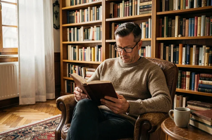 Homme lisant un livre dans un fauteuil en cuir au sein d'une bibliothèque personnelle chaleureuse et confortable