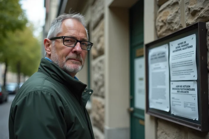 Homme lisant des annonces de logement social sur un panneau d'affichage municipal en extérieur