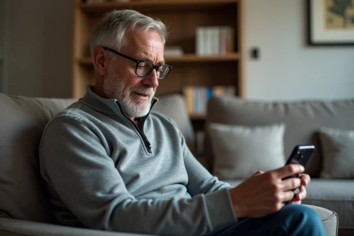 Homme d'âge mûr utilisant son smartphone pour trouver des offres de santé près de chez lui