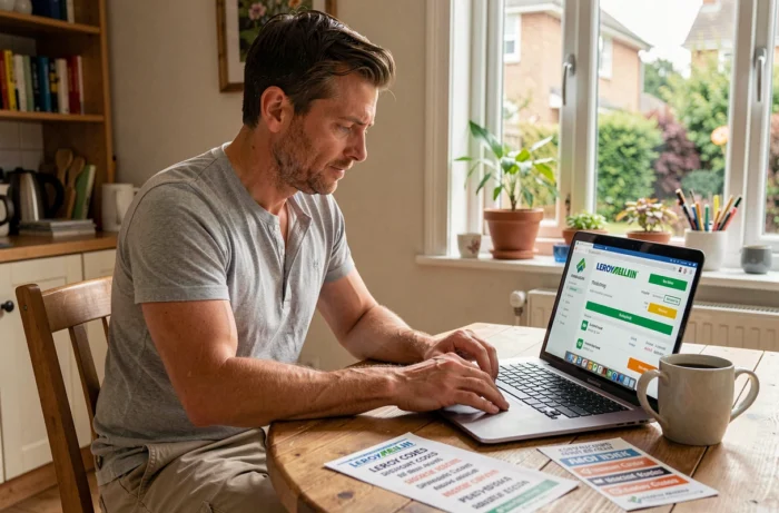 Homme appliquant un code de réduction Leroy Merlin sur un site e-commerce depuis son domicile