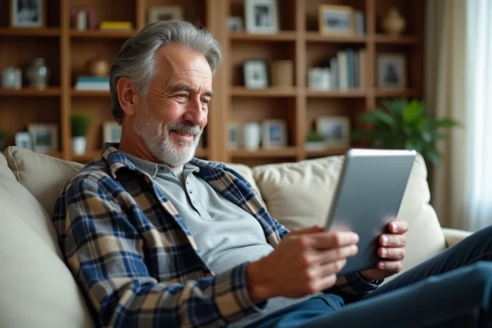 Un homme senior utilise une tablette pour se connecter à Famileo depuis son salon