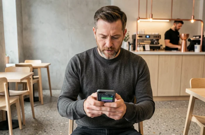 Homme utilisant un smartphone pliable dernière génération dans un café urbain, symbole des innovations technologiques récentes
