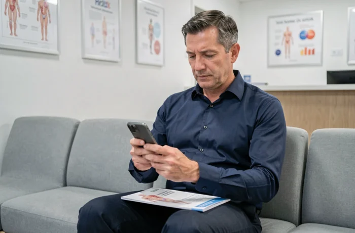 Homme consultant un site médical spécialisé sur smartphone dans une salle d'attente médicale
