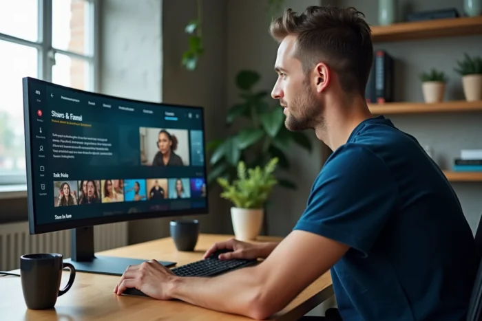 Homme naviguant sur une plateforme de streaming vidéo depuis son bureau à domicile