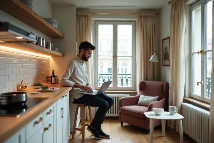 Homme travaillant sur un ordinateur portable dans une petite cuisine ouverte de style parisien avec carrelage métro et liseuse