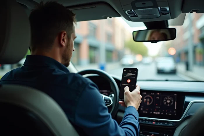 Homme dans sa voiture tentant de récupérer l'accès à son application Waze depuis le tableau de bord