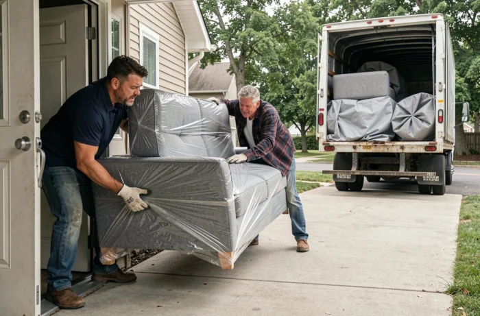 Deux hommes portant un canapé vers un camion de déménagement devant une maison de banlieue