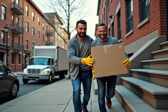 Deux hommes portant des cartons lourds lors d'un déménagement devant un immeuble en briques avec un camion de déménagement