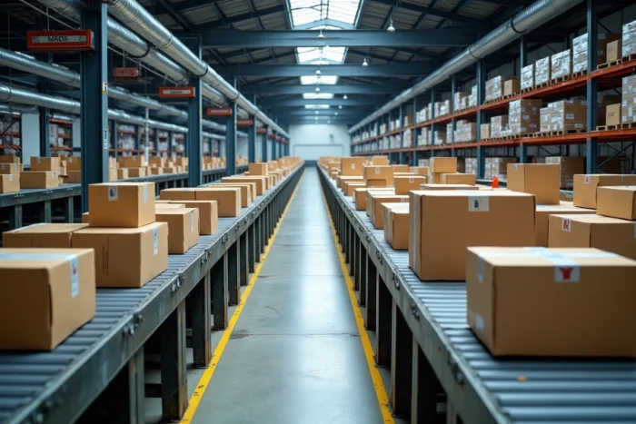 Intérieur d'un hub logistique de tri de colis avec tapis roulants et caisses en carton représentant le centre de tri Harnes