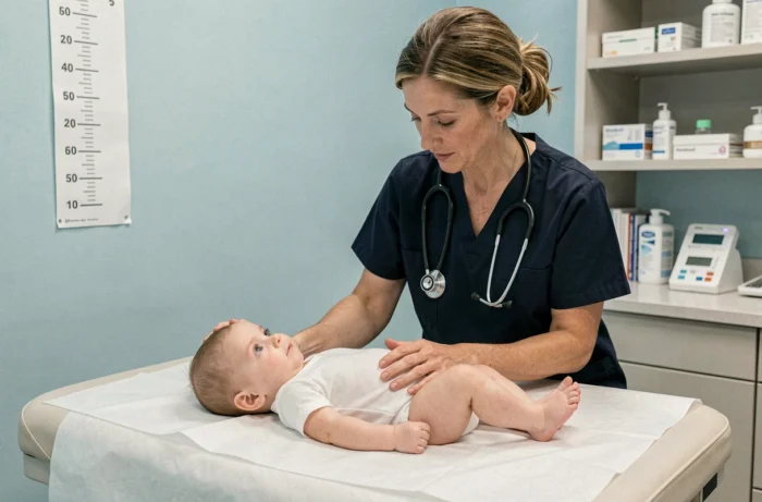 Infirmière pédiatrique réalisant un bilan de santé sur un nourrisson dans un cabinet médical
