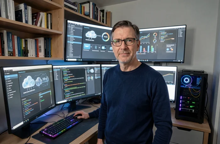 Ingénieur informatique travaillant sur plusieurs écrans de cybersécurité et cloud computing dans un bureau à domicile high-tech