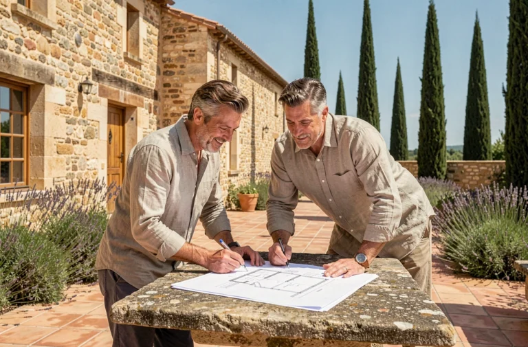 Couple d'investisseurs étudiant des plans immobiliers dans la cour d'un mas provençal en pierre avec lavande et cyprès