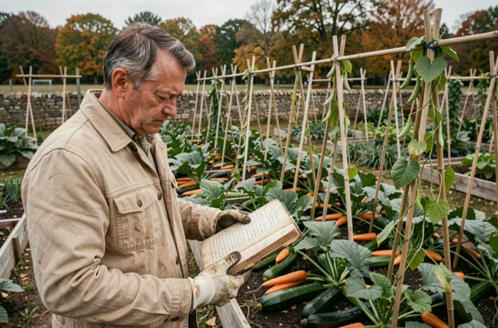 Jardinier expérimenté consultant son carnet de plantation dans un grand potager communautaire en automne
