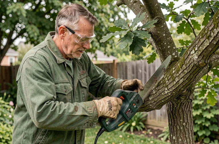 Jardinier utilisant une élagueuse électrique sans fil sur une branche d'arbre dans un jardin entretenu