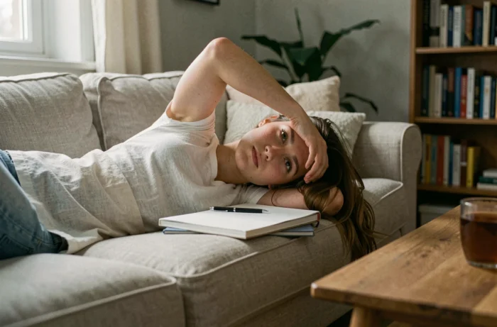 Jeune femme allongée sur un canapé fixant le plafond avec un carnet fermé sur la poitrine, symbolisant le blocage mental et l'absence d'envie d'agir