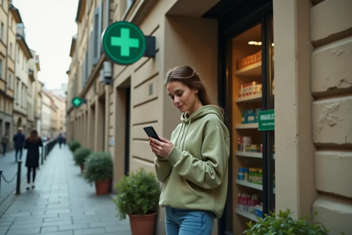 Jeune femme devant une pharmacie consultant son téléphone pour des services de santé locaux