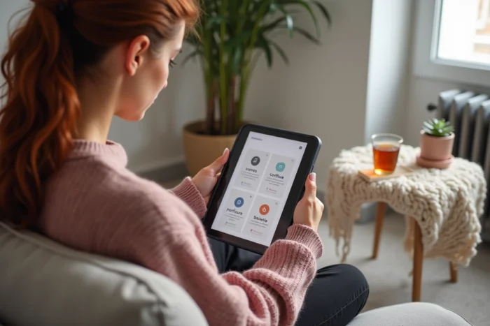 Jeune femme consultant le plan du site d'un annuaire beauté sur une tablette dans un salon cosy