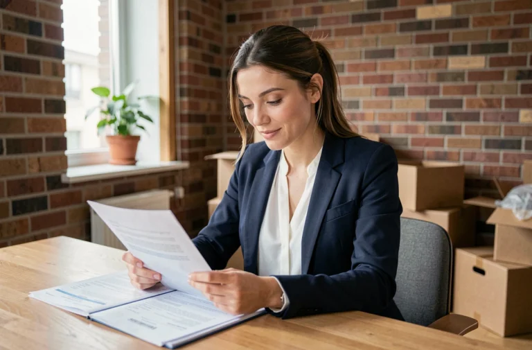 Jeune femme consultant des documents administratifs pour sa prime d'installation dans un appartement nouvellement emménagé
